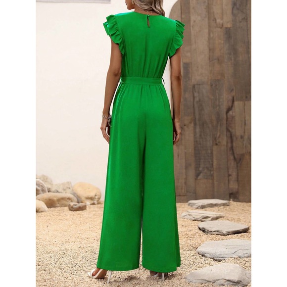 Boho Ruffle Trim Belted Wide Leg Jumpsuit - Picture 6 of 6